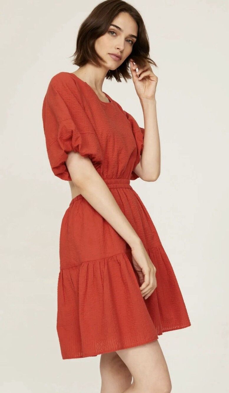 Madewell Mini Dress Orange Seersucker Puff Sleeve Cutout Vacay Large